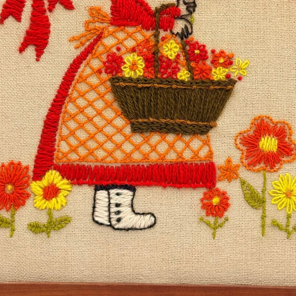 Vintage Crewel Embroidery Wall Art Framed Girl with Flower Basket Marilyn Reed